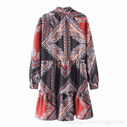 Women Printed V-neck Long Sleeve Oversize Dress